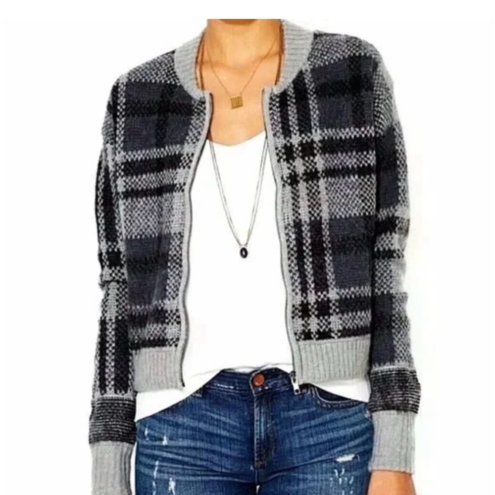 Free People “Oh My Plaid” Cardigan Bomber Jacket – Black & Gray Size Small